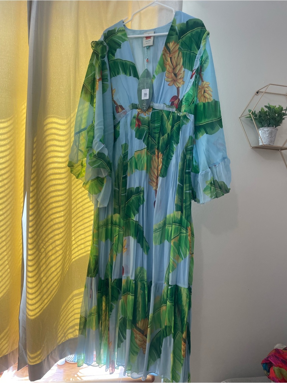 Farm rio Light Blue Tropical Print Maxi Dress with Green Leaf Detail